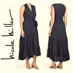 NWT NICOLE MILLER Navy Blue Linen Blend Tiered Belted Midi Maxi Shirt Dress M